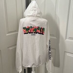 VS Pink Women M/L White Printed Hawaii Windbreaker Hood Pack Away 1/4 Zip‎ Rare